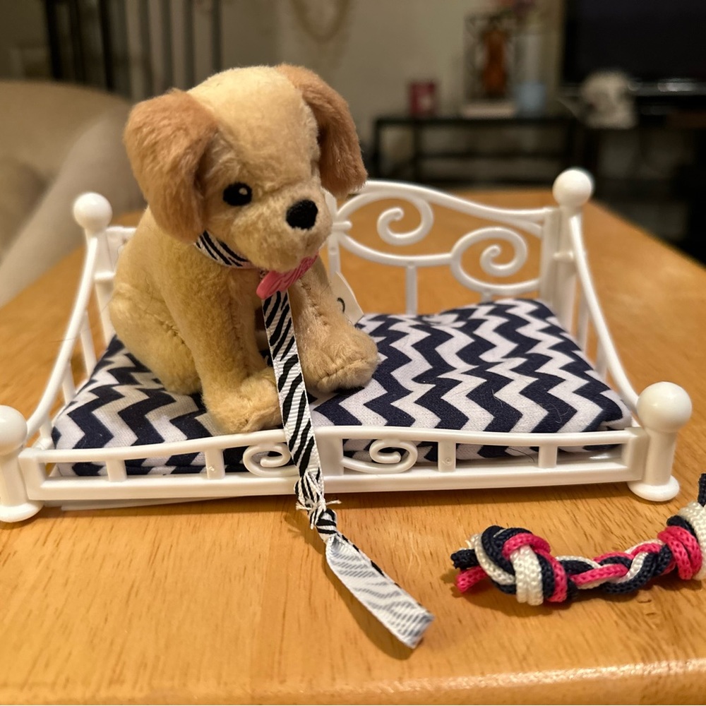 Battat Our Generation golden retriever puppy w/toy bone and dog bed for 18”dolls